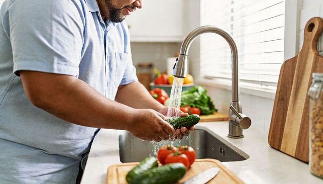 Man washing cucumber under kitchen faucet with cutting board, tomatoes and knife