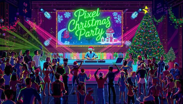 Neon pixel christmas party dj night with santa hat and retro arcade vibes