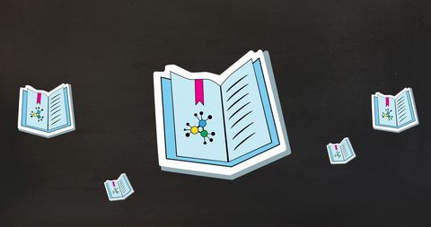 School and Learning Concept with Open Books and Chalkboard Background