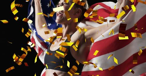 Victorious Female Athlete Celebrating with USA Flag and Confetti