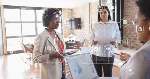 Professional team discussing fintech strategies in modern office