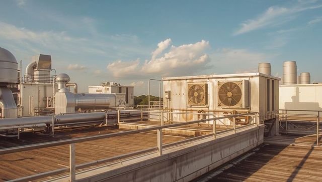 Weathered rooftop hvac condenser unit featuring twin axial fans and industrial ductwork
