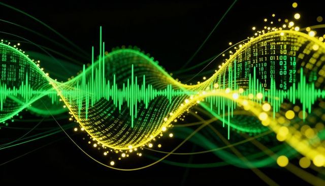 Streaming neon audio waveform with binary data ribbon and glowing signal visualization
