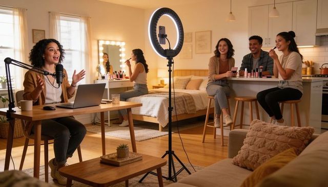 Female creator hosting live beauty stream from cozy home studio with ring light