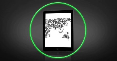 Tablet displaying global gear network with futuristic neon elements