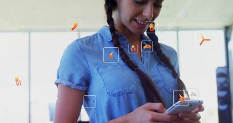 Young woman tapping smartphone in coworking space controlling connected devices via ar