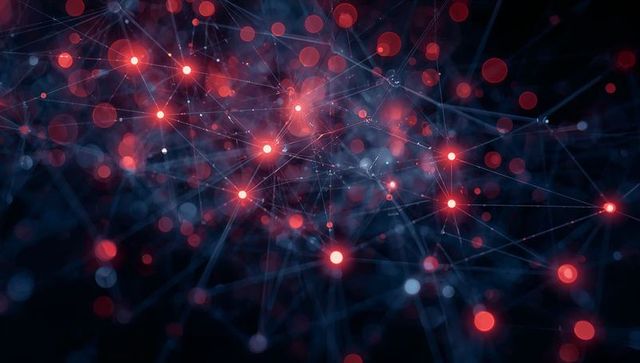 Pulsating neural network glowing with red nodes and cyan filaments, abstract data web