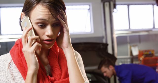 Stressed Woman Calling for Car Repair Assistance at Auto Repair Shop - Download Free Stock Images Pikwizard.com