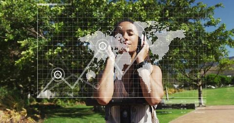 Young Woman Listening on Electric Scooter in Park with Futuristic HUD Map and Data Overlay