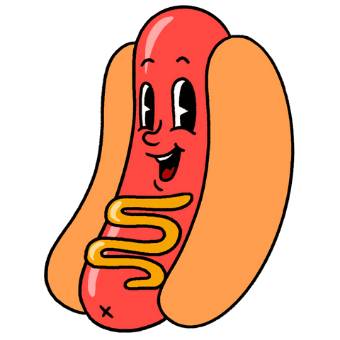 Cheerful cartoon hot dog on transparent background with mustard