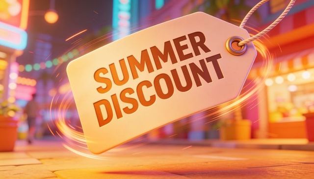 Summer discount swinging tag over neon-lit urban street at twilight for retail promotion