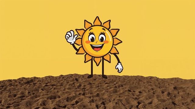 Whimsical Sun Character with White Gloves in Minimal Desert Scene