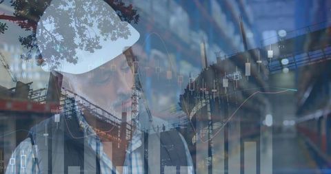 Warehouse worker analyzing global shipping data overlay