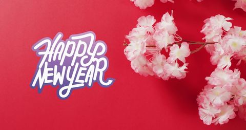 Happy New Year Greeting with Cherry Blossoms on Red Background