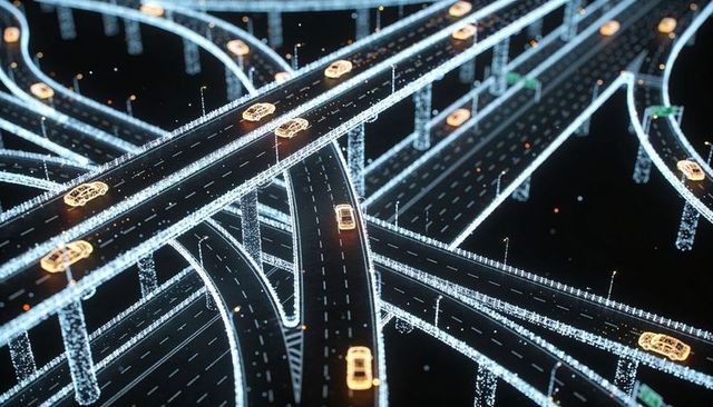 Neon connected highway interchange visualizing smart traffic network and autonomous flow