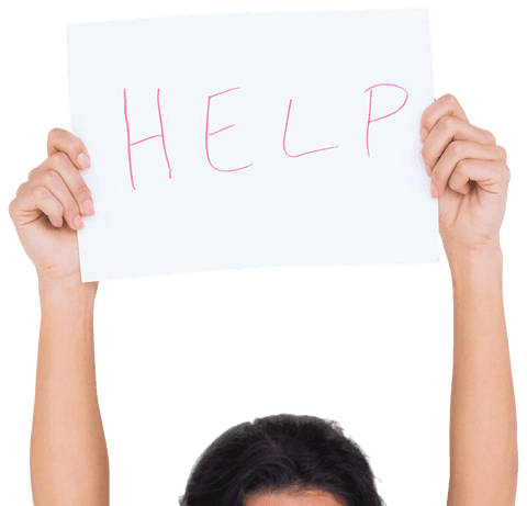 Woman holding help sign on transparent background