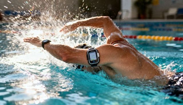Competitive swimmer training freestyle in indoor pool wearing waterproof smartwatch armband