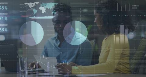 Diverse team reviewing analytics with charts, graphs and world map overlay