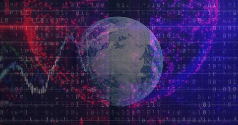 Digital Earth: Data Streams and Binary Code Matrix with Red Grid Visuals