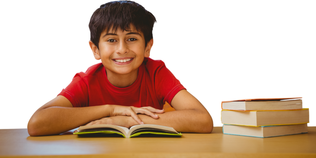 Smiling Boy Reading Open Book with Stack of Books Transparent Background - Download Free Stock Videos Pikwizard.com