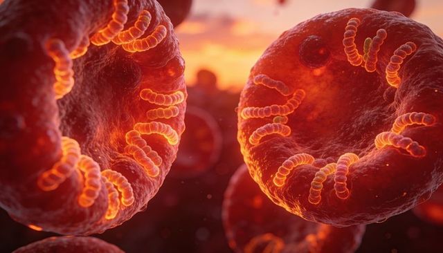 Glowing helical coils on cup-shaped red blood cells in vibrant blood plasma 3d molecular render