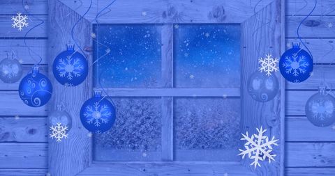 Festive Snowflakes and Baubles on Wooden Window Frame