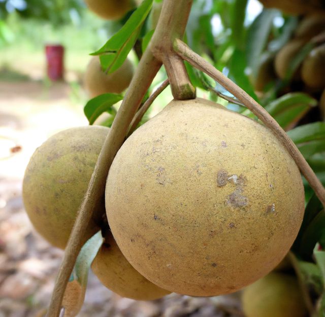 Image of close up of ripe monk fruit hanging from tree on sunny day. Fruit, food and nature concept.