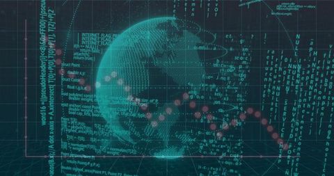 Digitized Wireframe Globe Rotating in 3D Data Visualization Dashboard with Code Streams
