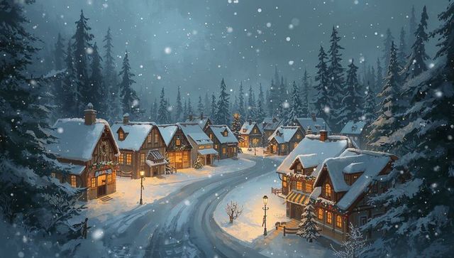 Glowing snowy timber cottages lining curved winter road with warm lamps and festive lights