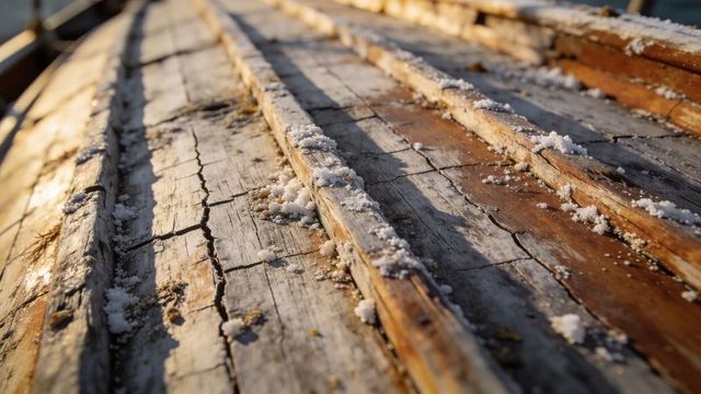 Weathered wooden hull with salt crystals and cracked planks bathed in golden sunlight