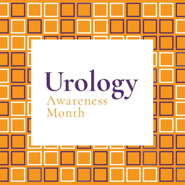 Illustration of urology awareness month text in white square against scribbles on orange background. Copy space, vector, urological disease, cancer, support, awareness, healthcare and prevention.
