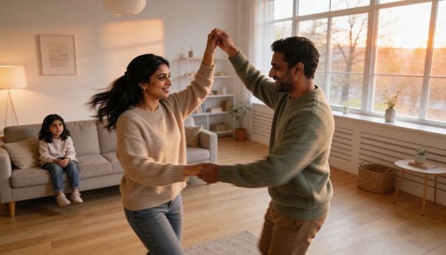 Young couple dancing in cozy living room at sunset wearing knits, child watching on sofa