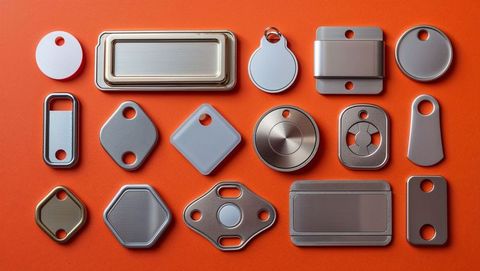 Diverse metallic and plastic tags on orange surface