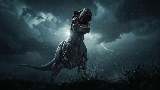 Dramatic tyrannosaurus rex roaring in thunderstorm