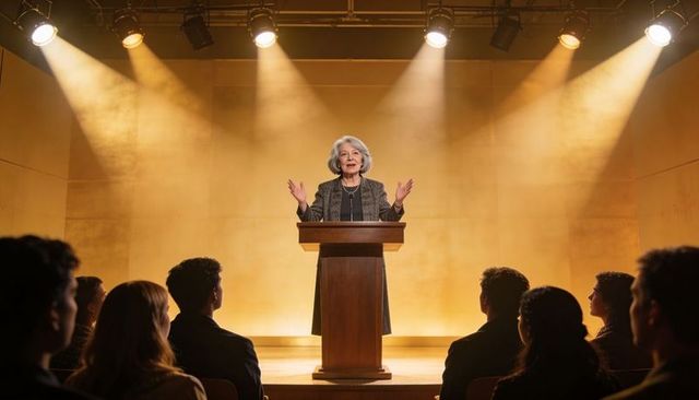 Senior woman delivering inspirational speech at podium under spotlight on conference stage