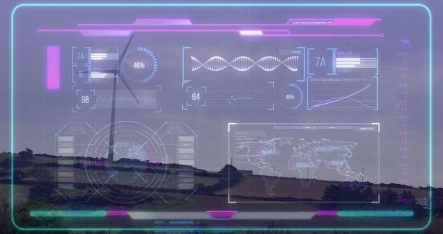 Futuristic Digital Overlay on Wind Turbine with Renewable Energy Concept