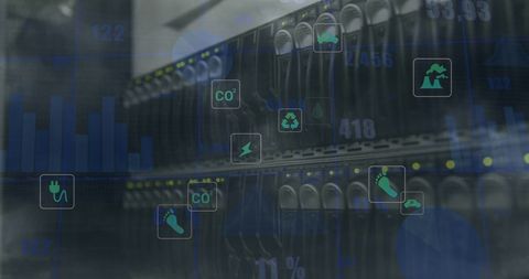 Digital Interface with Eco-Friendly Icons in Server Room