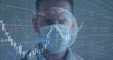 Masked doctor facing camera overlaying globe and health analytics with market charts