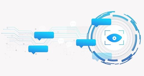 Futuristic biometric UI showing iris scan reticle with blue chat bubbles and circuit lines