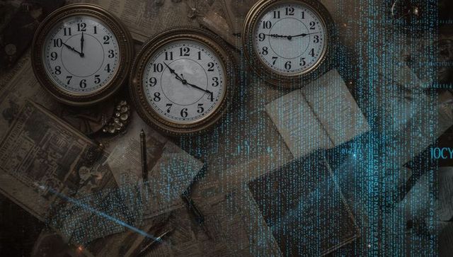 Antique clocks on desk with futuristic code overlay
