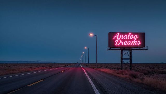 Glowing neon billboard casting pink glow over desert highway at twilight