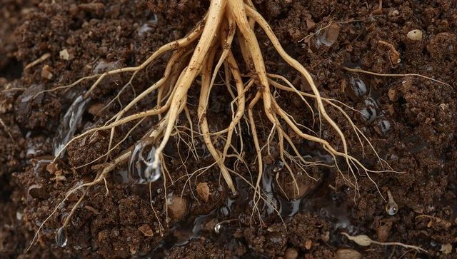 Plant root system in moist soil with water droplets and fine root hairs close-up