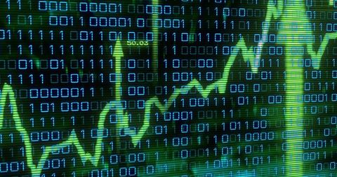 Neon Green Uptrend Over Binary Matrix Visualizing Financial Data Growth Digital Analytics