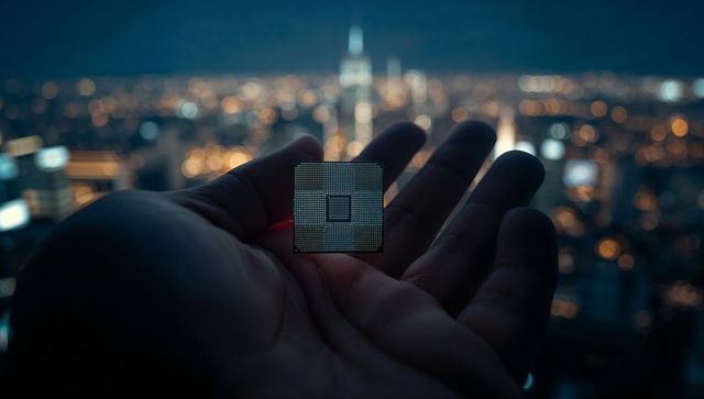 Hand Holding Microchip Against Urban Skyline at Night