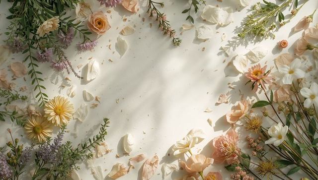 Soft pastel floral border framing rose petals and lavender on pale surface