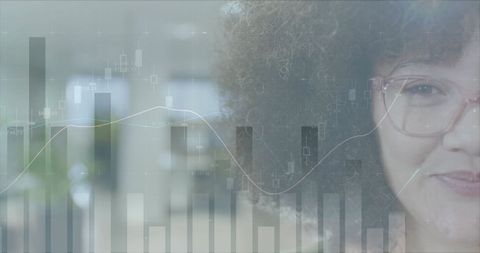 Financial Data Overlay on Smiling Businesswoman in Modern Office