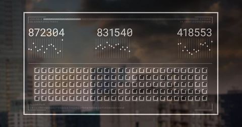 Futuristic Data Display Over Setting Sun Cityscape