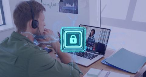 Man at Desk Joining Video Call While Discussing Cybersecurity with Digital Lock Overlay