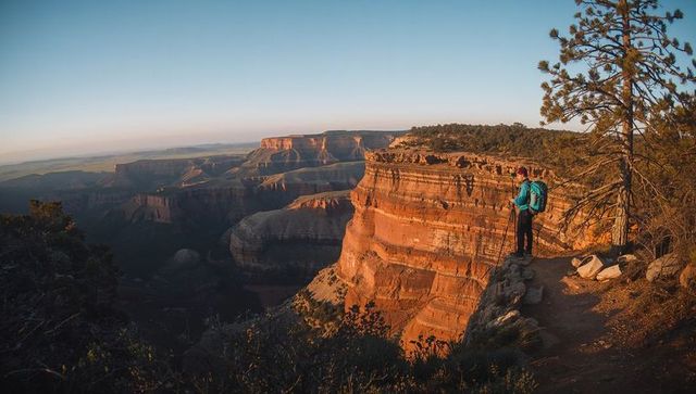 Solo hiker standing on canyon rim at golden hour with teal backpack and trekking poles