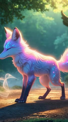 Vertical video: Mystical fox sensing breeze and summoning glowing orbs on forest path